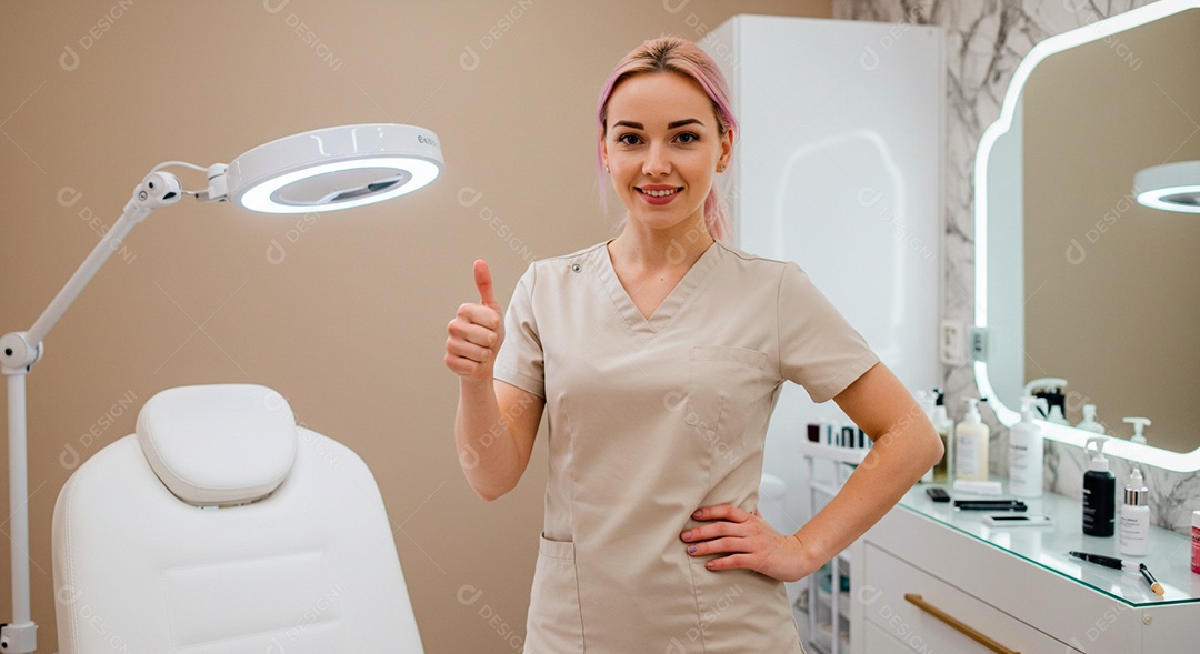 Retrato realista de mulher loira linda sorridente sobre uma clinica de estética
