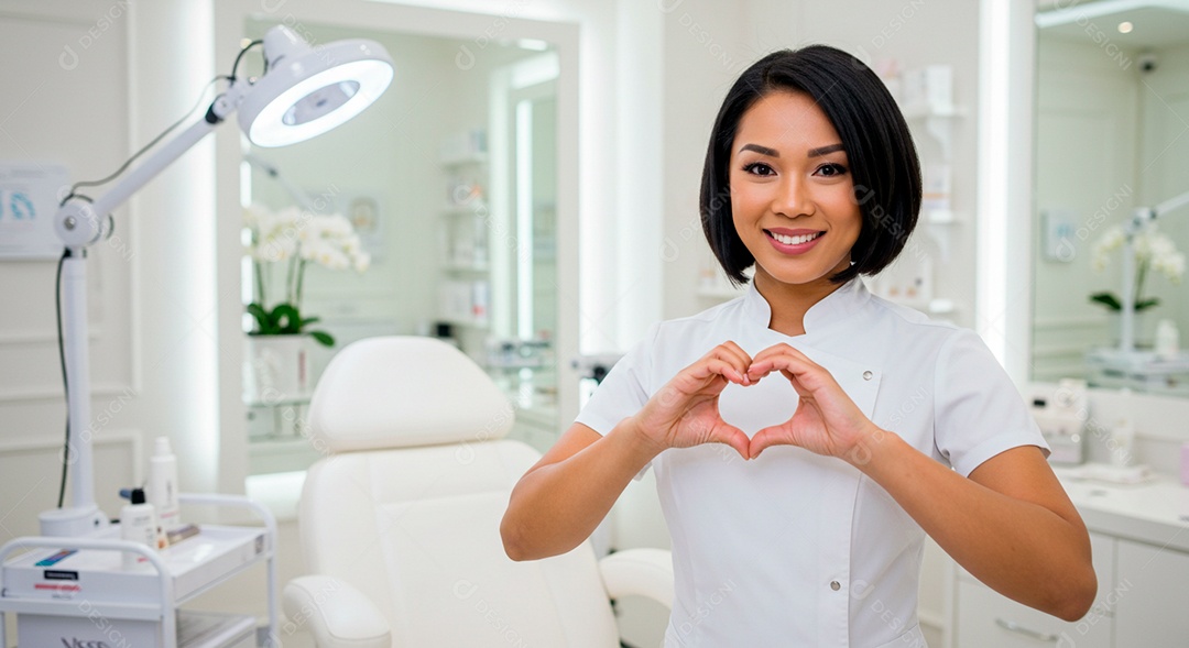 Retrato realista de mulher linda sorridente sobre uma clinica de estética