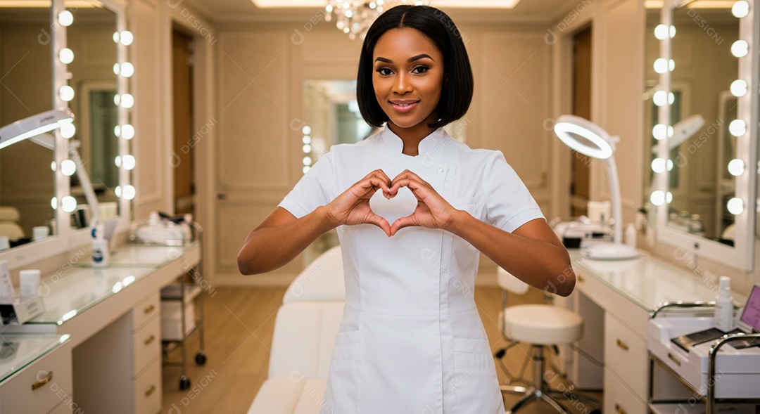 Retrato realista de mulher linda sorridente sobre uma clinica de estética