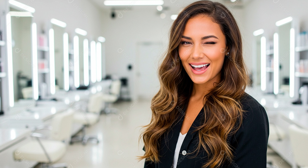 Retrato realista de mulher linda sorridente sobre uma clinica de estética