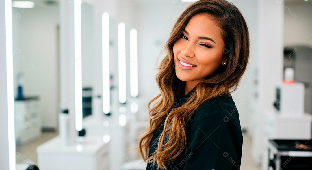 Retrato realista de mulher loira linda sorridente sobre uma clinica de estética