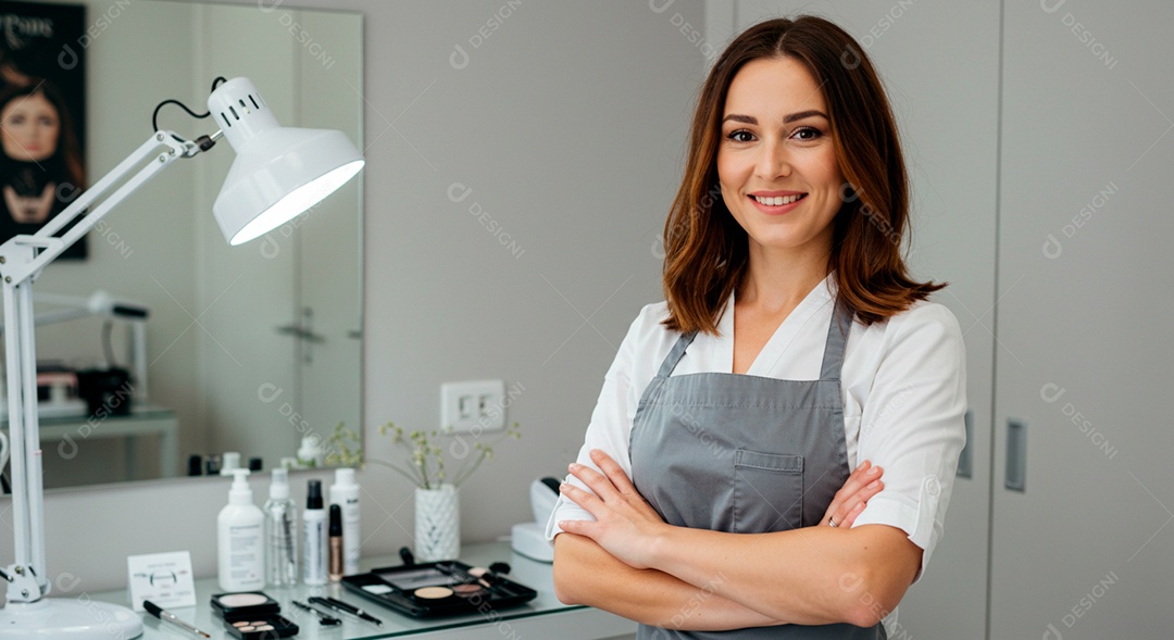 Retrato realista de mulher linda sorridente sobre uma clinica de estética