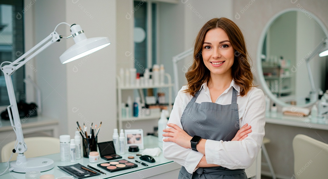 Retrato realista de mulher linda sorridente sobre uma clinica de estética