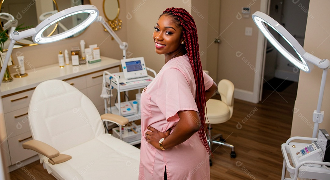 Retrato realista de mulher negra linda sorridente sobre uma clinica de estetica