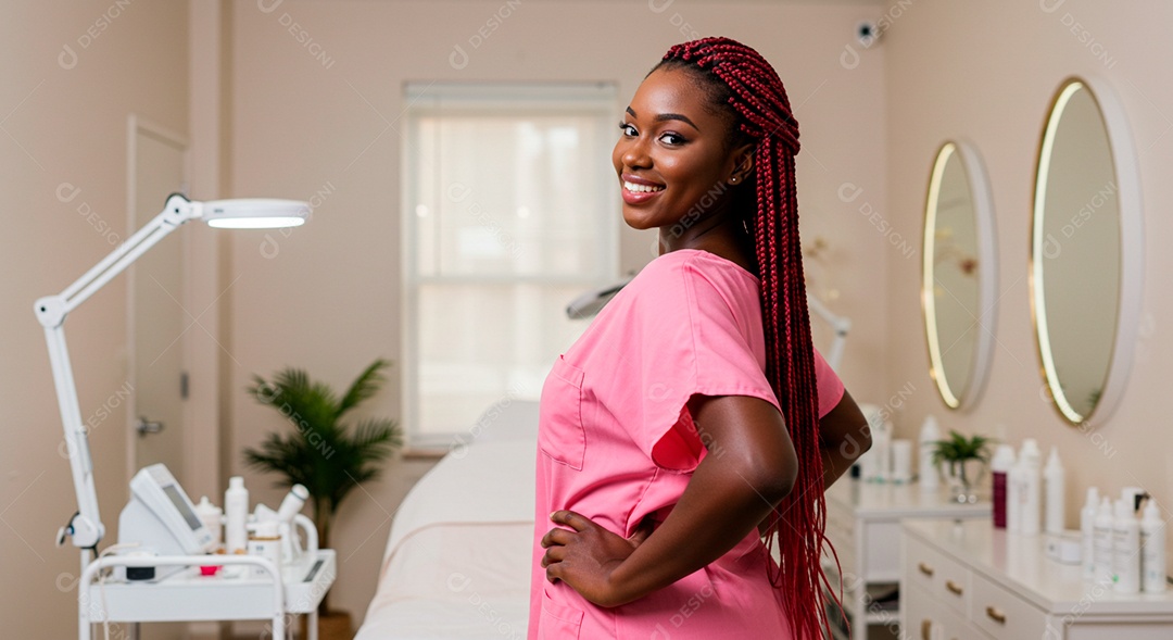 Retrato realista de mulher negra linda sorridente sobre uma clinica de estetica