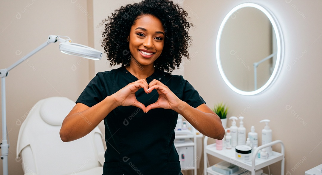 Retrato realista de mulher linda sorridente sobre uma clinica de estética