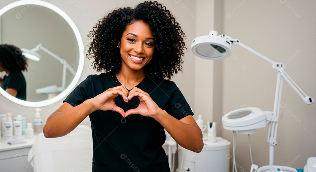 Retrato realista de mulher linda sorridente sobre uma clinica de estética