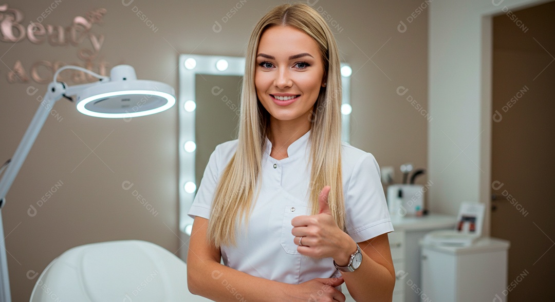 Retrato realista de mulher loira linda sorridente sobre uma clinica de estética