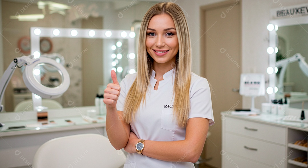 Retrato realista de mulher loira linda sorridente sobre uma clinica de estética