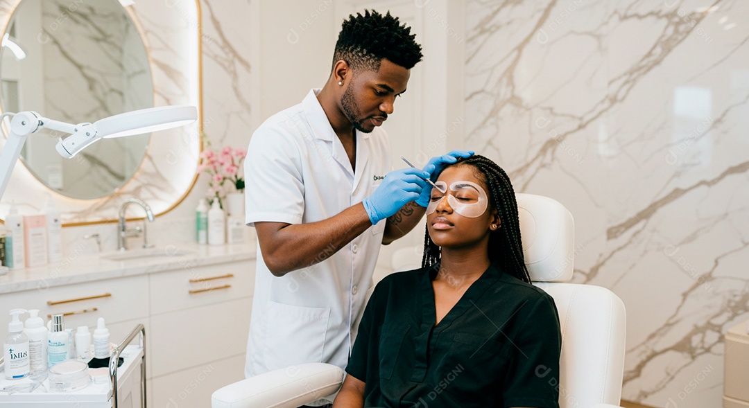 Mulher sobre clinica de estética fazendo sobrancelha