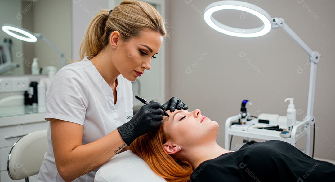 Mulher sobre clinica de estética fazendo sobrancelha