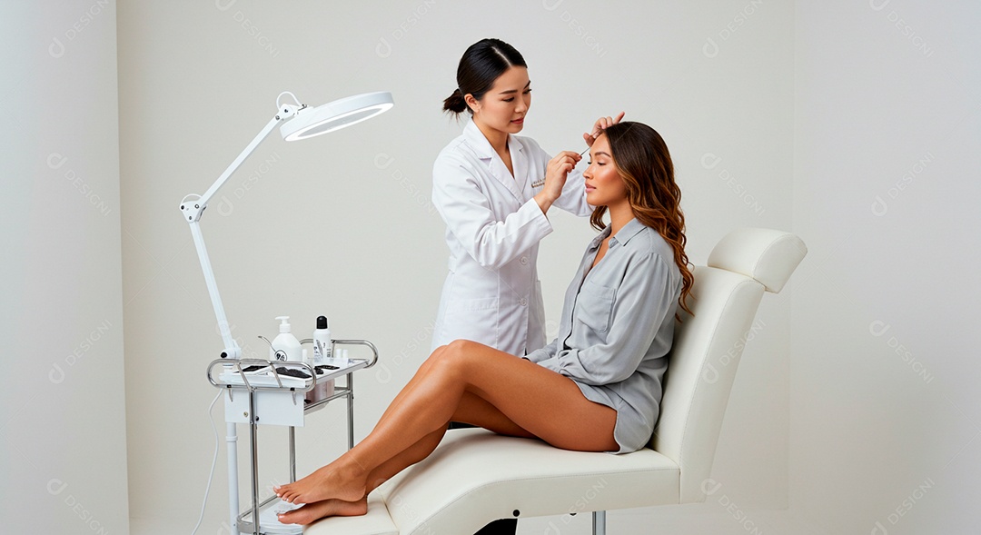 Mulher sobre clinica de estética fazendo sobrancelha