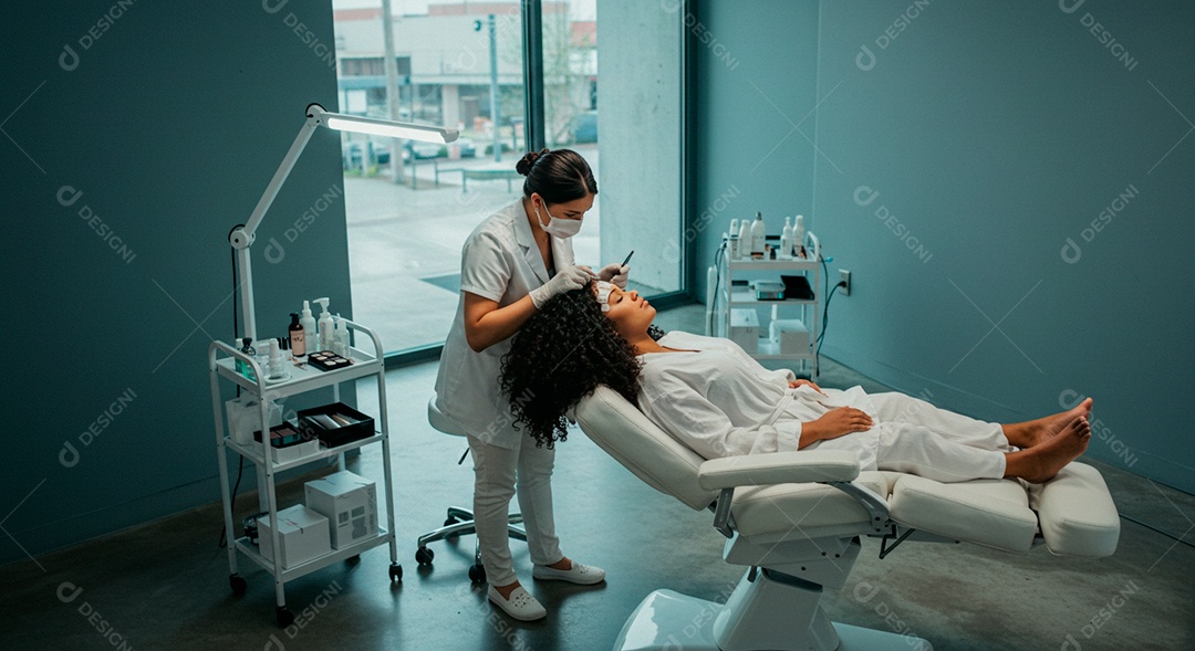 Mulher sobre clinica de estética fazendo sobrancelha