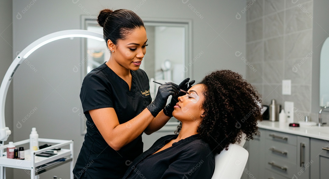 Mulher sobre clinica de estética fazendo sobrancelha