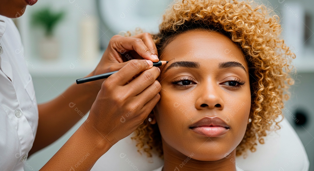 Mulher sobre clinica de estética fazendo sobrancelha