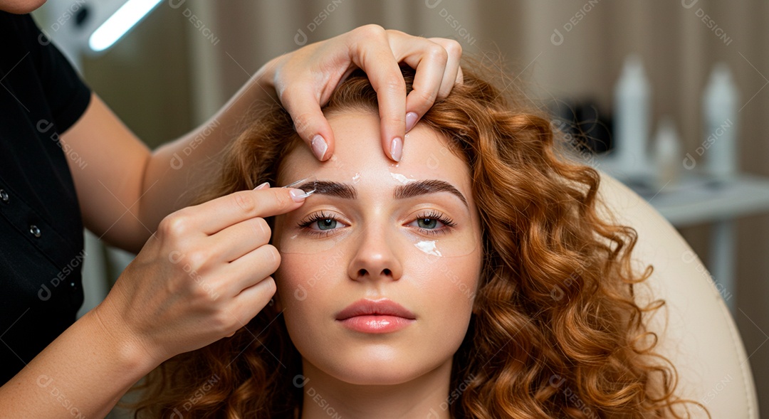 Mulher sobre clinica de estética fazendo sobrancelha