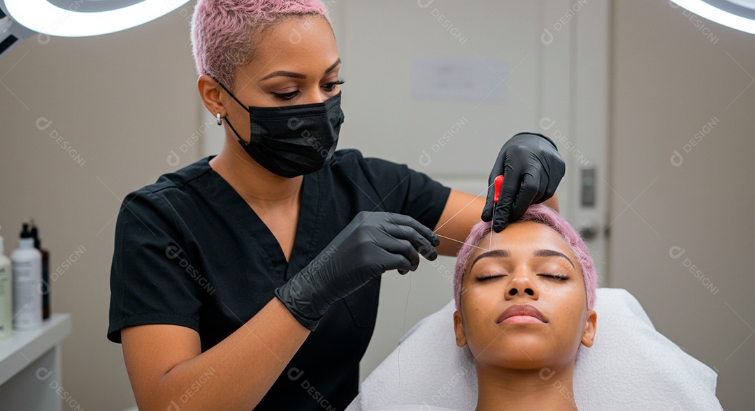 Mulher sobre clinica de estética fazendo sobrancelha