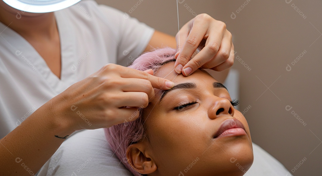 Mulher sobre clinica de estética fazendo sobrancelha