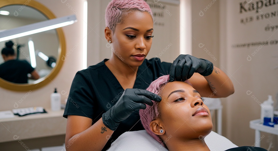 Mulher sobre clinica de estética fazendo sobrancelha