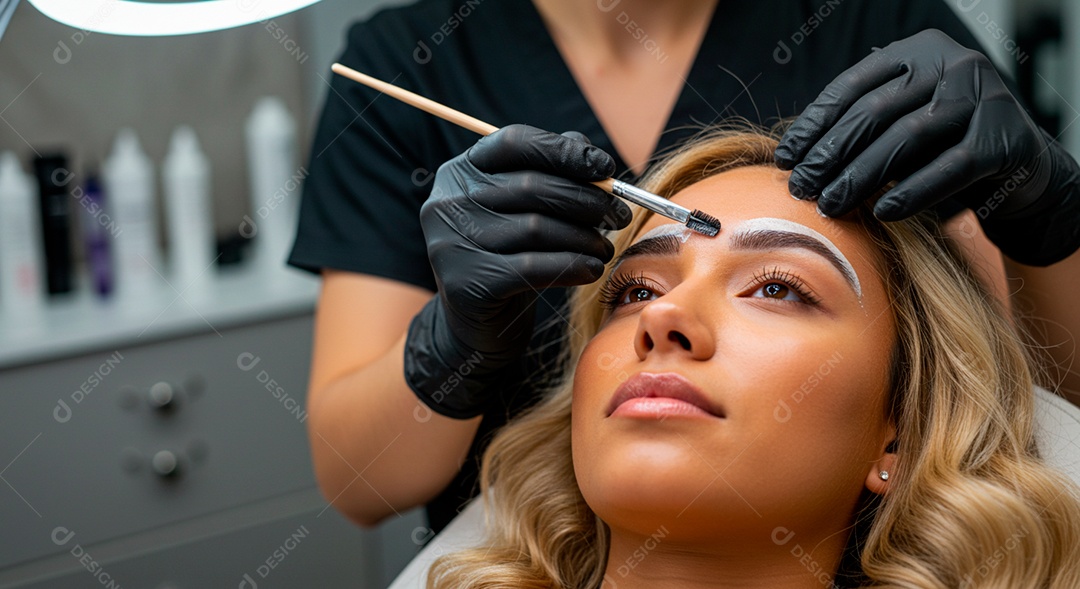 Mulher sobre clinica de estética fazendo sobrancelha