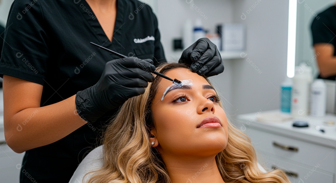 Mulher sobre clinica de estética fazendo sobrancelha