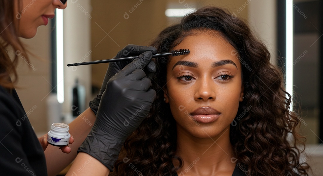 Retrato realista de linda mulher jovem fazendo design de sobrancelha