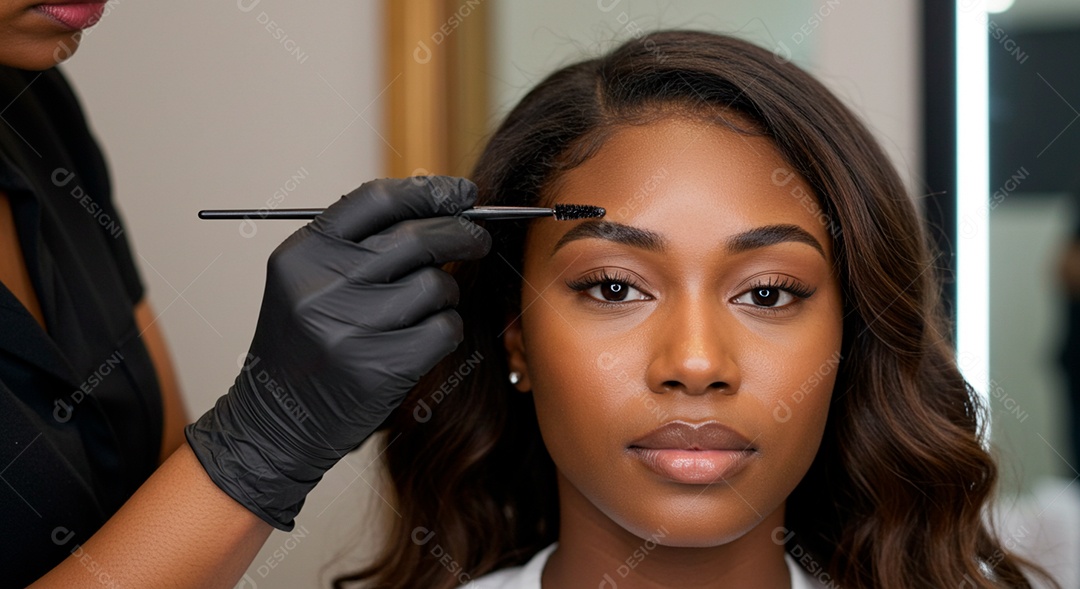 Retrato realista de linda mulher jovem fazendo design de sobrancelha