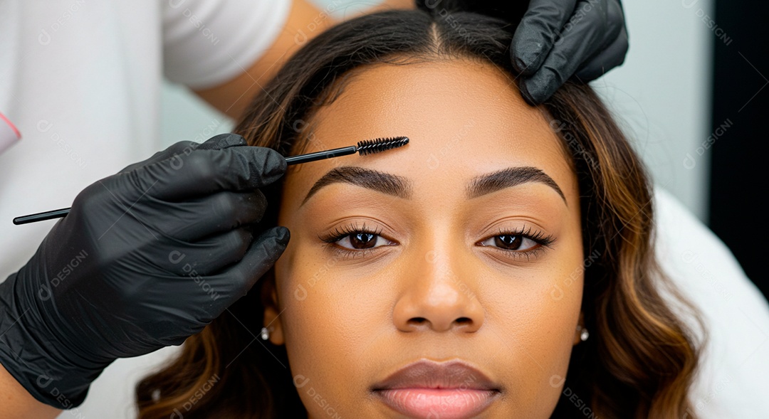 Retrato realista de linda mulher jovem fazendo design de sobrancelha