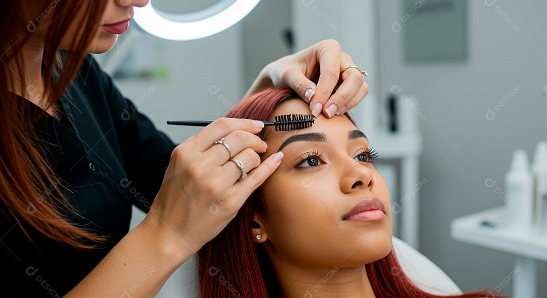 Retrato realista de linda mulher jovem fazendo design de sobrancelha