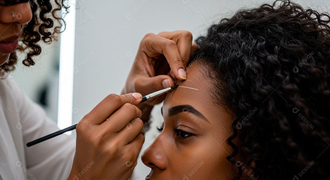 Retrato realista de linda mulher jovem fazendo design de sobrancelha