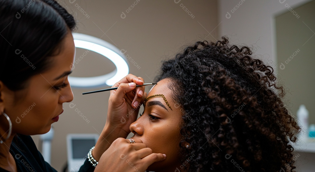 Retrato realista de linda mulher jovem fazendo design de sobrancelha