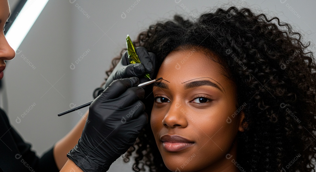 Retrato realista de linda mulher jovem fazendo design de sobrancelha