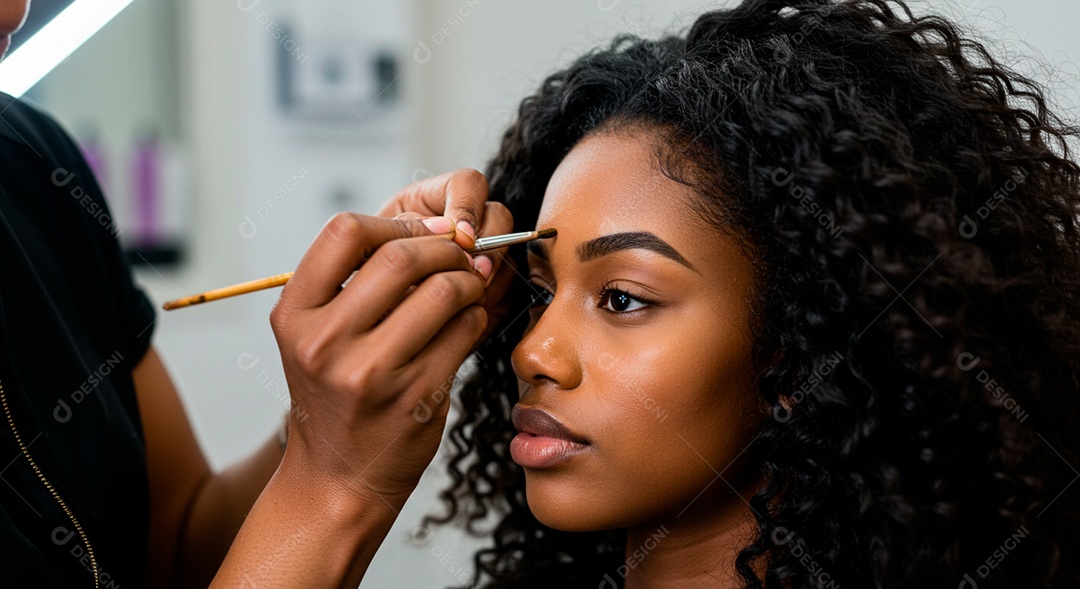 Retrato realista de linda mulher jovem fazendo design de sobrancelha