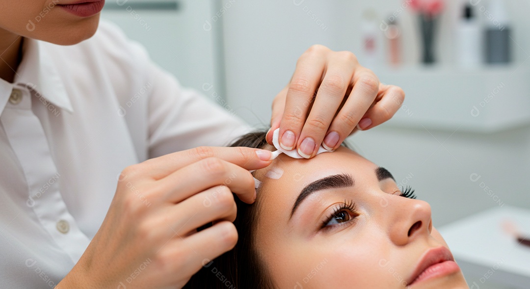 Retrato realista de linda mulher jovem fazendo design de sobrancelha