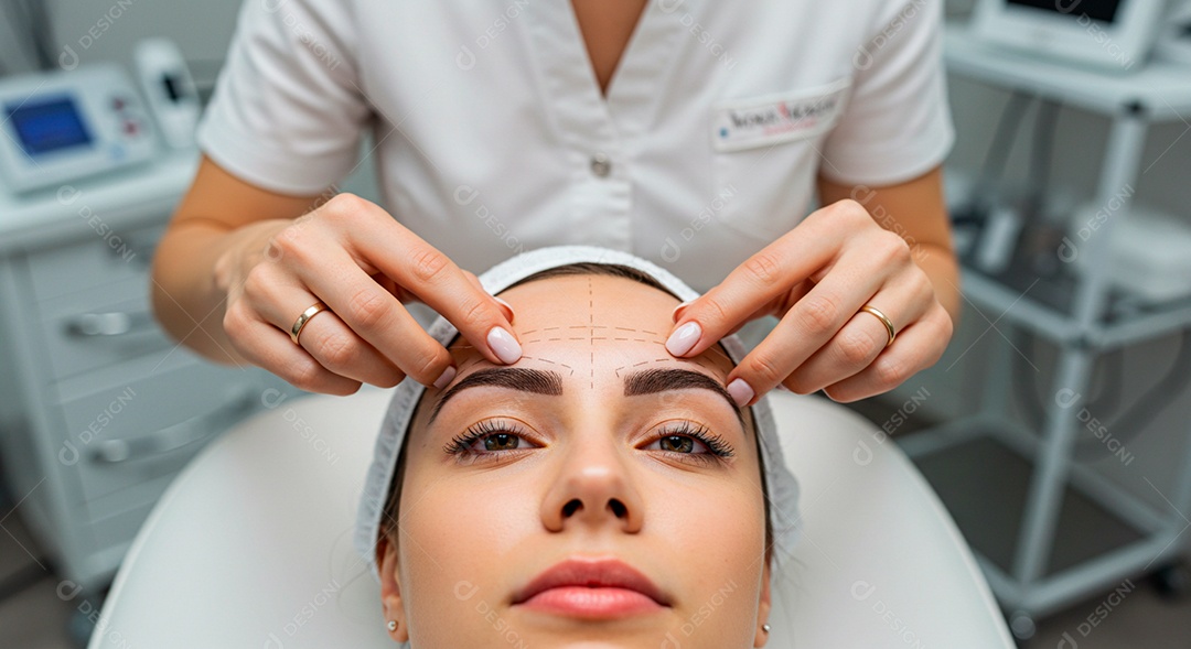 Retrato realista de linda mulher jovem fazendo design de sobrancelha