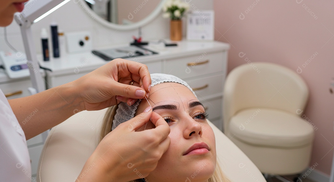 Retrato realista de linda mulher jovem fazendo design de sobrancelha