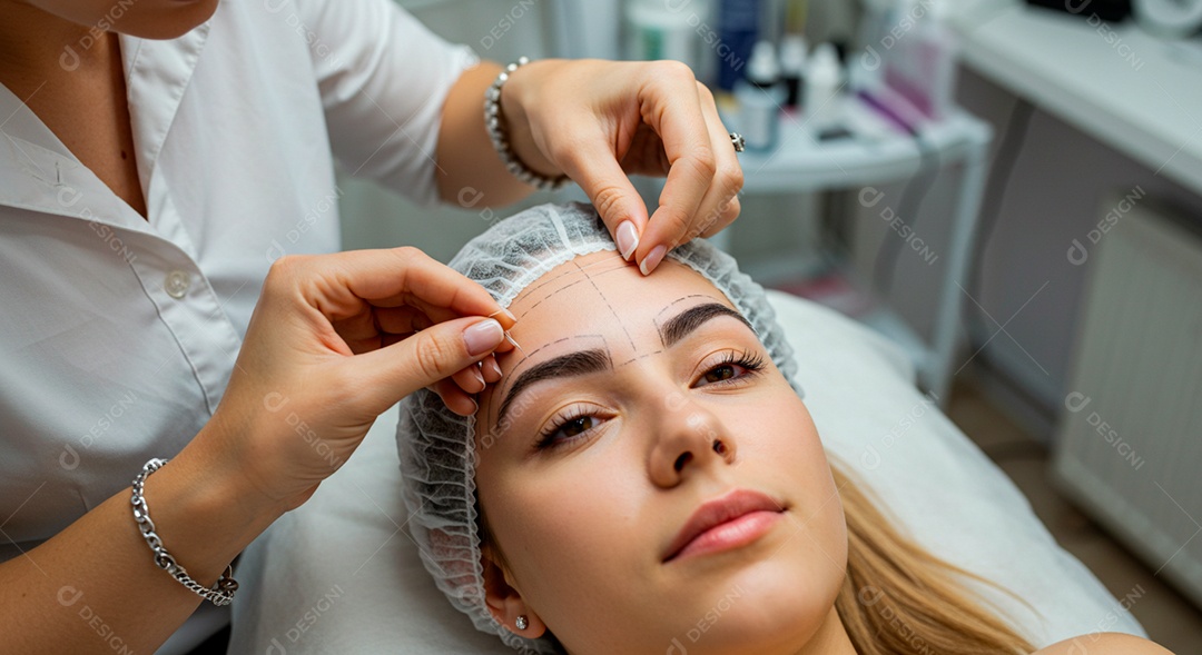 Retrato realista de linda mulher jovem fazendo design de sobrancelha