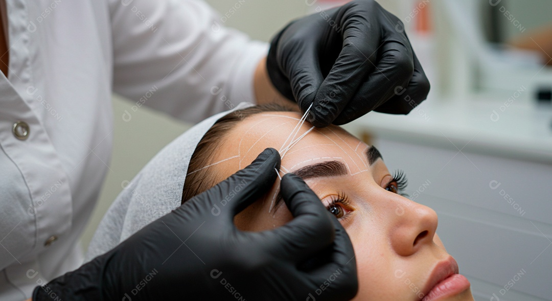 Retrato realista de linda mulher jovem fazendo design de sobrancelha