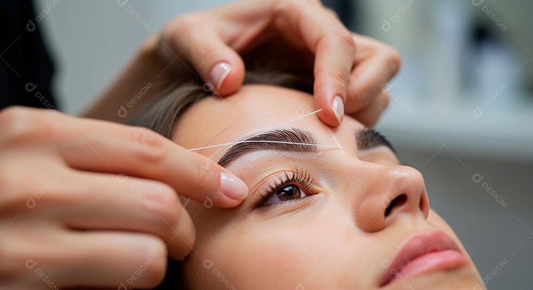 Retrato realista de linda mulher jovem fazendo design de sobrancelha