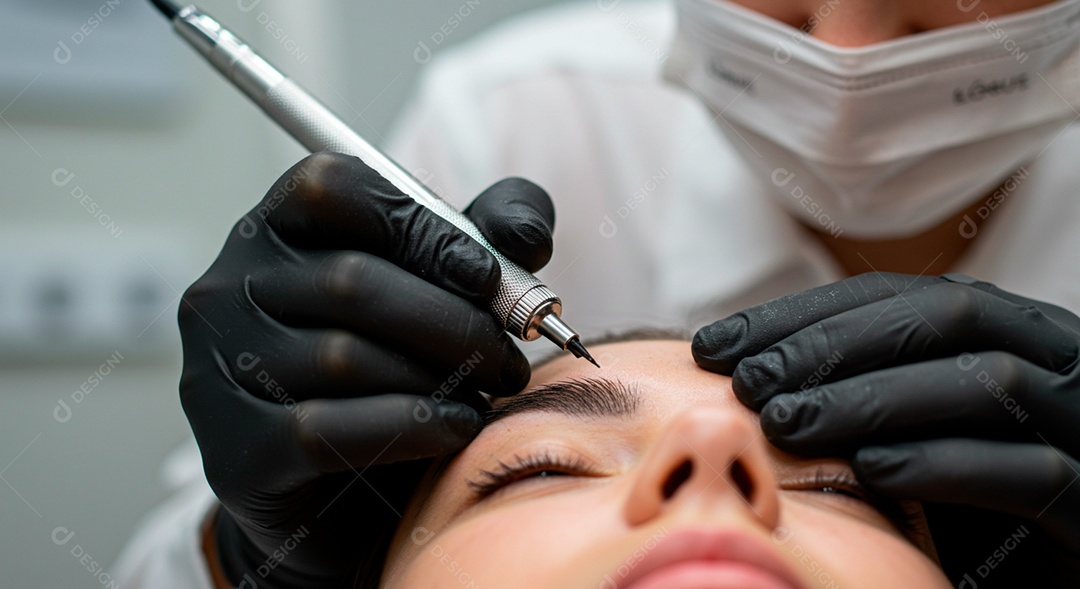 Retrato realista de linda mulher jovem fazendo design de sobrancelha