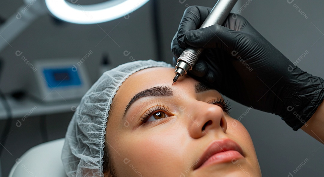 Retrato realista de linda mulher jovem fazendo design de sobrancelha