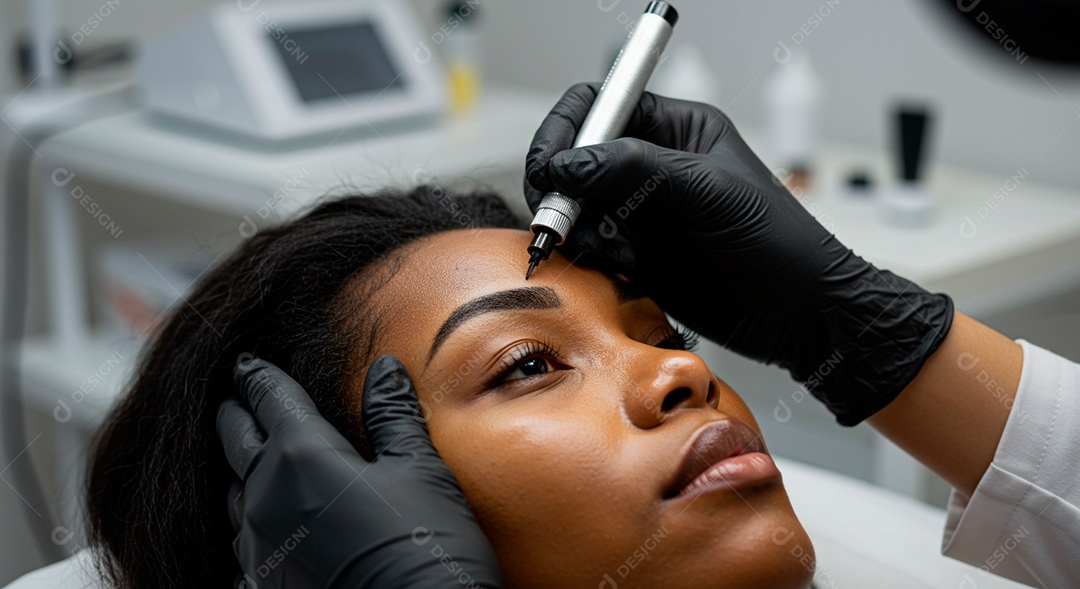 Retrato realista de linda mulher jovem fazendo design de sobrancelha