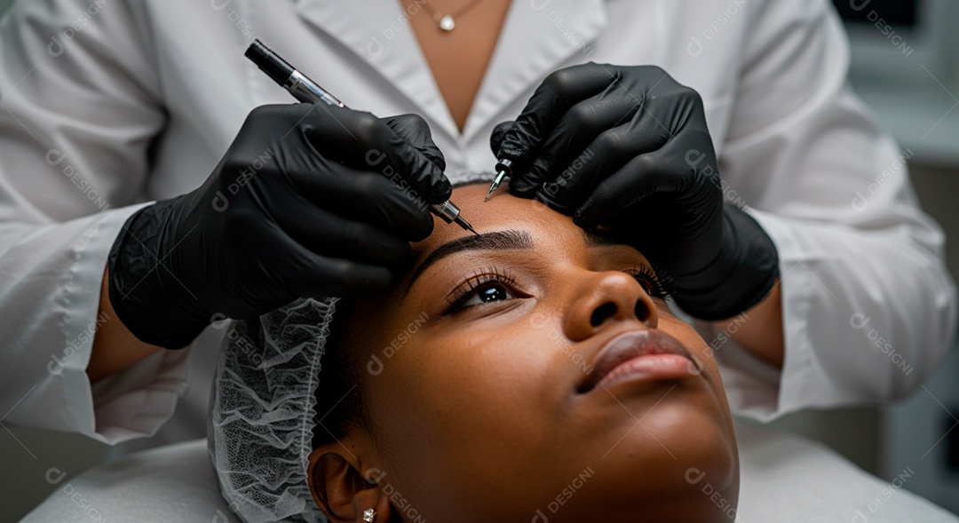 Retrato realista de linda mulher jovem fazendo design de sobrancelha