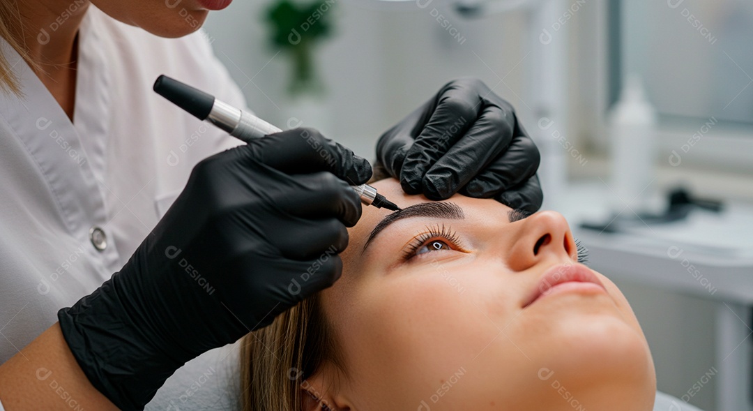 Retrato realista de linda mulher jovem fazendo design de sobrancelha