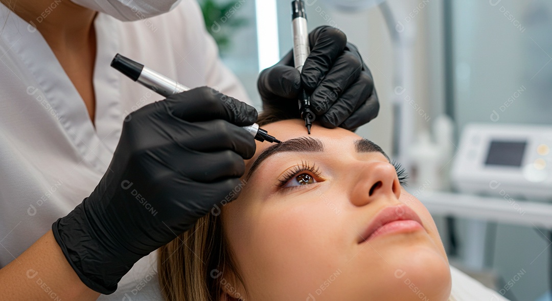 Retrato realista de linda mulher jovem fazendo design de sobrancelha