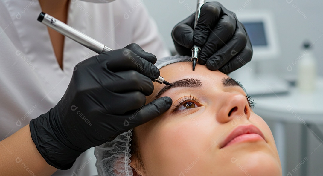 Retrato realista de linda mulher jovem fazendo design de sobrancelha