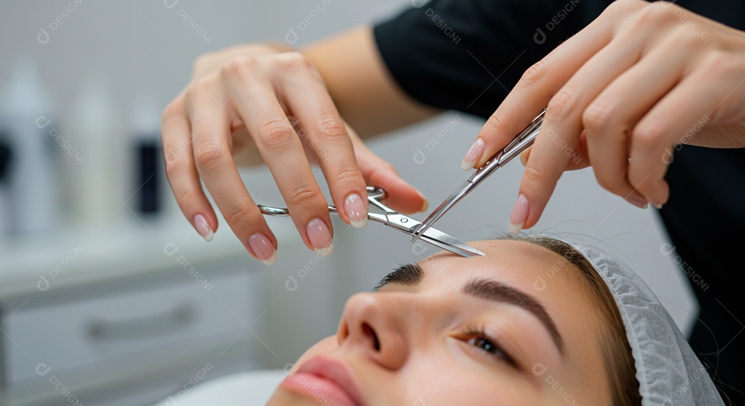 Retrato realista de linda mulher jovem fazendo design de sobrancelha