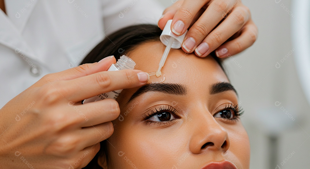 Retrato realista de linda mulher jovem fazendo design de sobrancelha