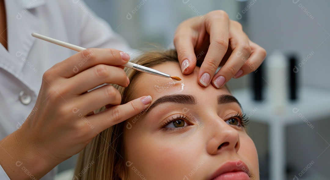 Retrato realista de linda mulher jovem fazendo design de sobrancelha