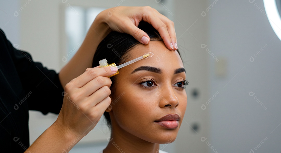 Retrato realista de linda mulher jovem fazendo design de sobrancelha